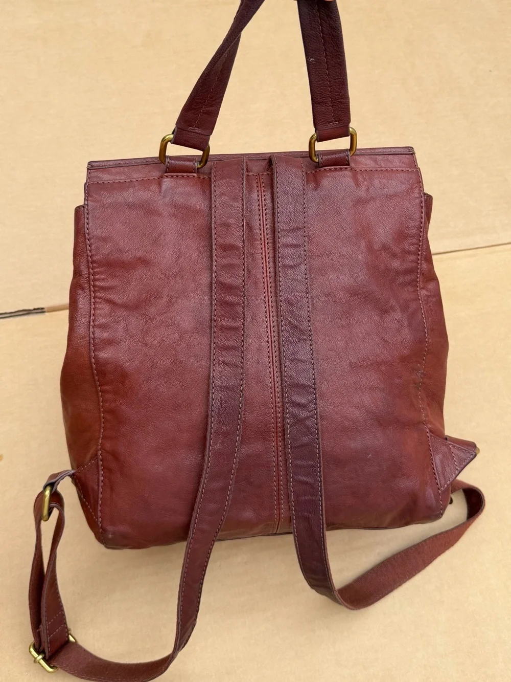 Vintage Fossil Leather Convertible Backpack Tote Burgundy Brown Distressed Bag